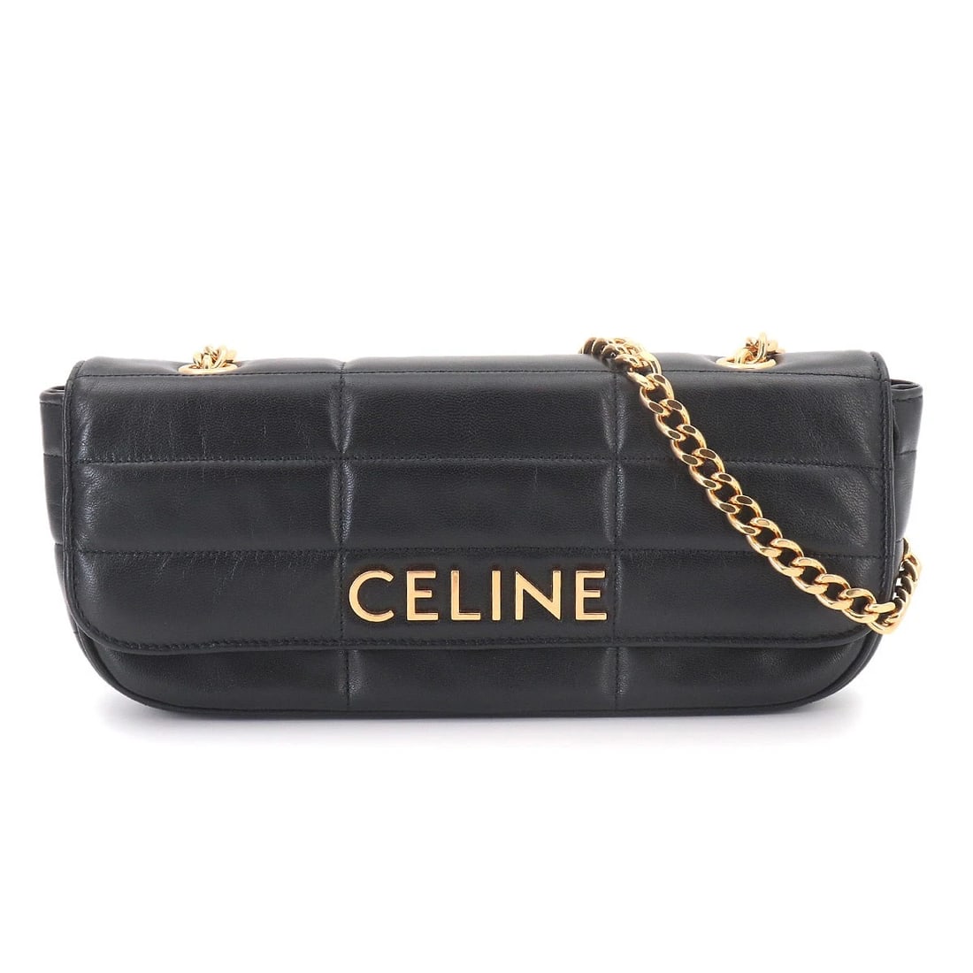 CELINE MATELASSE MONOCHROME CHAIN SHOULDER BAG: CELINE Matelasse Monochrome Chain Shoulder Bag Brand: CELINE Type/Style: Shoulder Bag Material: Leather Color: Black Size: W 10.43 inch, H 4.53 inch, D 1.77 inch Accessories: None Accessor