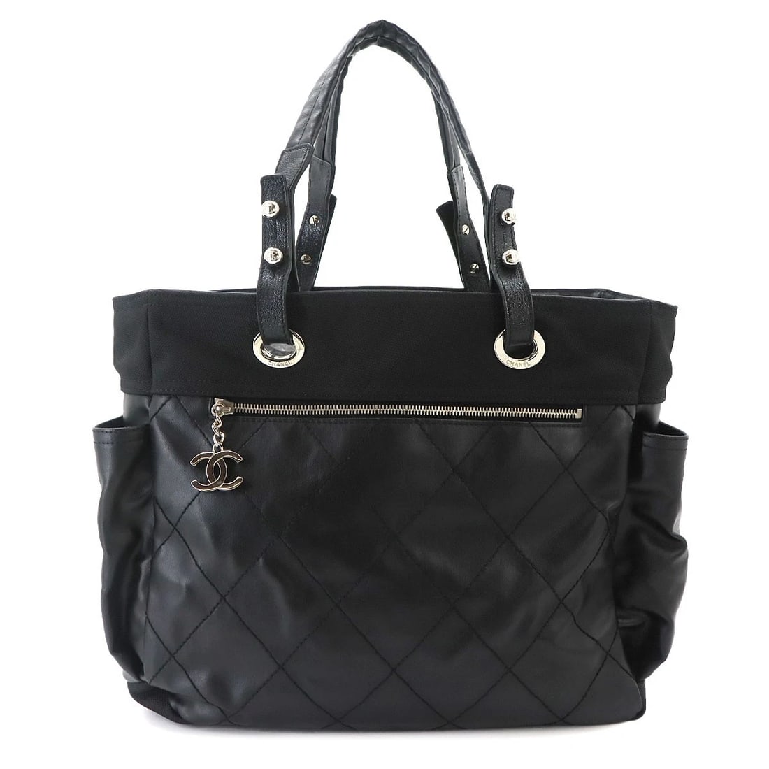 CHANEL PARIS BIARRITZ GM TOTE BAG: CHANEL Paris Biarritz GM Tote Bag Brand: CHANEL Type/Style: Tote Bag Material: PVC , Nylon , Leather Color: Black Size: W 13.78 inch, H 11.81 inch, D 5.71 inch Accessories: None Accessorie