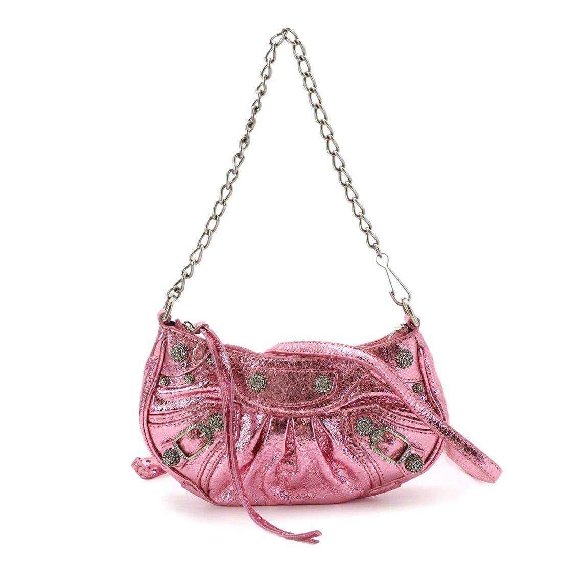 BALENCIAGA LE CAGOLE MINI CHAIN HAND SHOULDER BAG: BALENCIAGA Le Cagole Mini Chain Hand Shoulder Bag Brand: BALENCIAGA Type/Style: Hand Bag / Shoulder Bag Material: Leather Color: Metalic pink Size: W 8.27 inch, H 4.53 inch, D 1.57 inch Accessorie