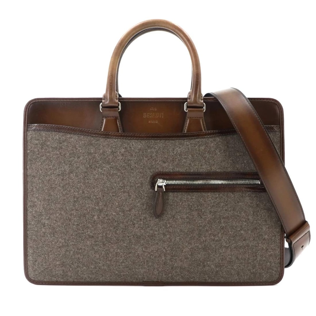 BERLUTI UN JOUR BRIEFCASE BUSINESS BAG: Berluti Un Jour Briefcase Business Bag Brand: Berluti Type/Style: Briefcase / Shoulder Bag Material: Wool , Venezia Leather Color: Brown Size: W 16.14 inch, H 11.81 inch, D 2.95 inch Accessories: