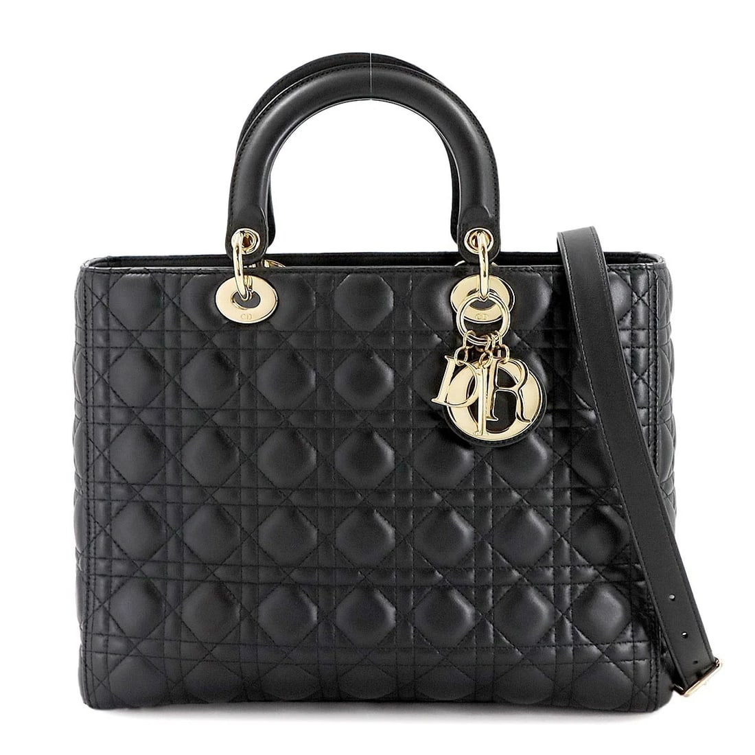 CHIRISTIAN DIOR LADY DIOR LARGE 2WAY HAND SHOULDER BAG: Chiristian Dior Lady Dior Large 2way Hand Shoulder Bag Brand: Christian Dior Type/Style: Hand Bag / Shoulder Bag Material: Leather Color: Black Size: W 12.60 inch, H 9.45 inch, D 4.72 inch Accesso