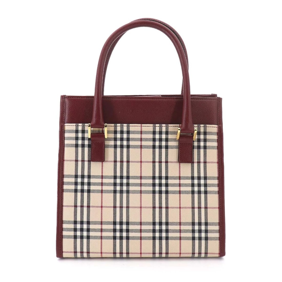 BURBERRY PLAID HAND BAG CANVAS LEATHER BEIGE BORDEAUX: BURBERRY Plaid Hand Bag Canvas Leather Beige Bordeaux Brand: BURBERRY Type/Style: Hand Bag Material: Canvas , Leather Color: Beige , Bordeaux Size: W 8.86 inch, H 8.66 inch, D 4.13 inch Accessorie