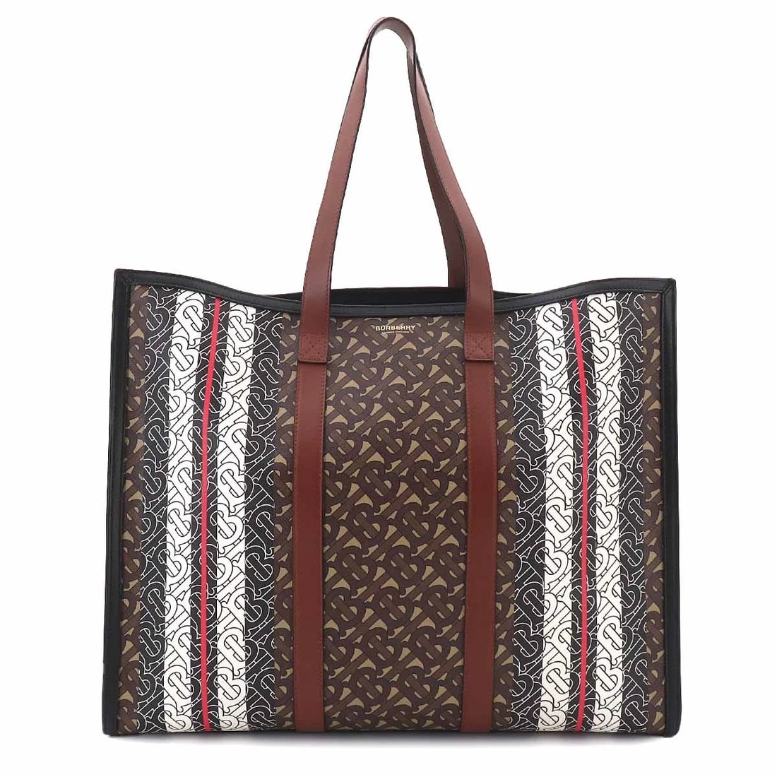 BURBERRY TB MONOGRAM STRIPE TOTE BAG: BURBERRY TB Monogram Stripe Tote Bag Brand: Burberry Type/Style: Shield Material: PVC , Leather Color: Brown Size: W 16.93 inch, H 13.39 inch, D 5.91 inch Accessories: None Accessories Not