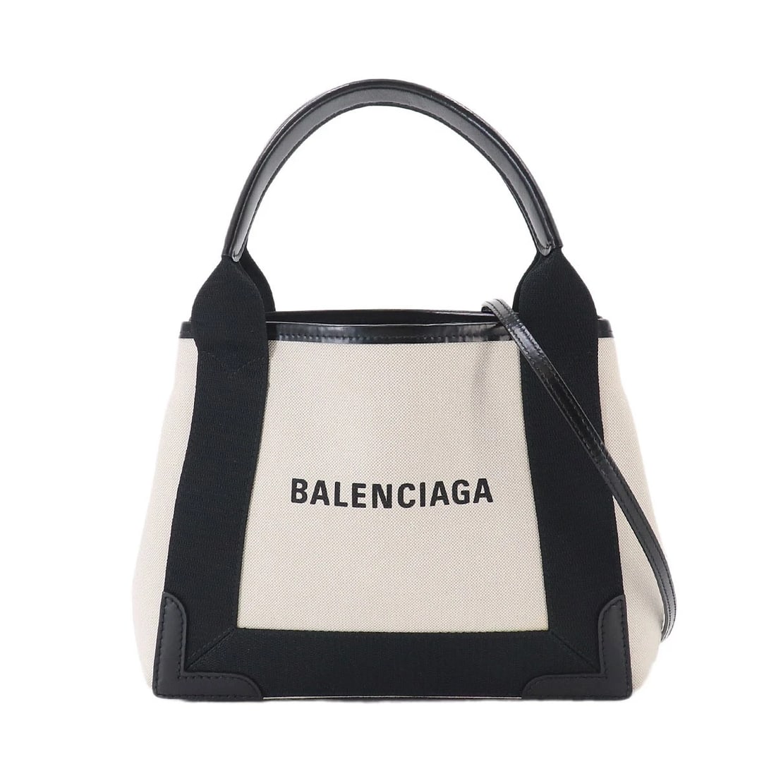 BALENCIAGA NAVY CABAS XS 2WAY TOTE SHOULDER BAG: BALENCIAGA Navy Cabas xS 2way Tote Shoulder Bag Brand: BALENCIAGA Type/Style: Tote bag / Shoulder bag Material: Canvas , Leather Color: White , Black Size: W 9.45 inch, H 7.48 inch, D 2.95 inch Ac