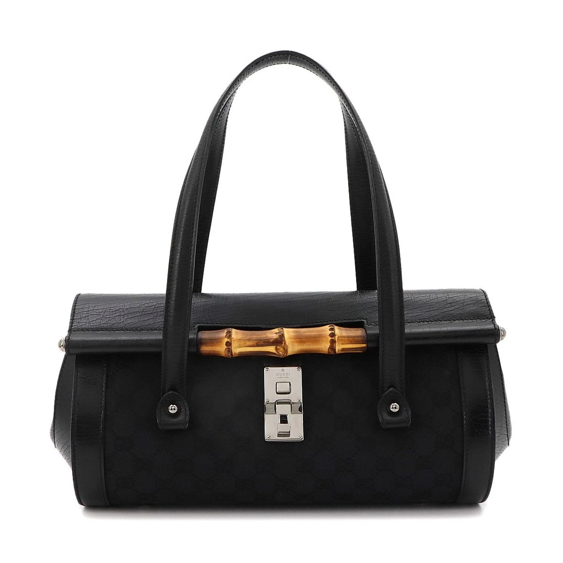 GUCCI BAMBOO HAND BAG GG CANVAS LEATHER BLACK: GUCCI Bamboo Hand Bag GG Canvas Leather Black Brand: GUCCI Type/Style: Hand Bag Material: GG Canvas , Leather , Bamboo Color: Black Size: W 12.80 inch, H 7.09 inch, D 5.71 inch Accessories: None <
