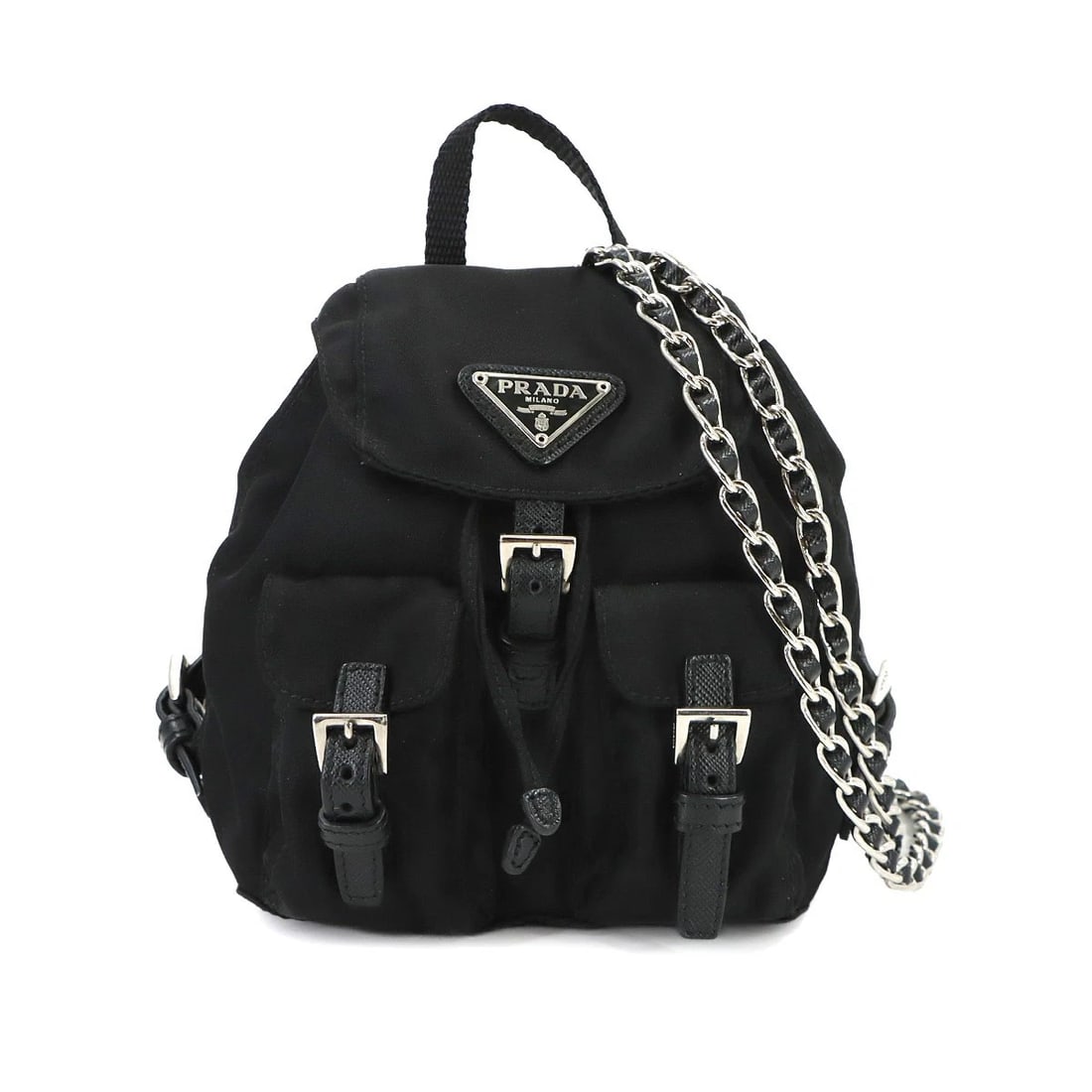 PRADA MINI CHAIN SHOULDER BAG NYLON LEATHER BLACK: PRADA Mini Chain Shoulder Bag Nylon Leather Black Brand: PRADA Type/Style: Shoulder Bag Material: Nylon , Saffiano Leather Color: Black Size: W 5.12 inch, H 5.51 inch, D 2.56 inch Accessories: Non