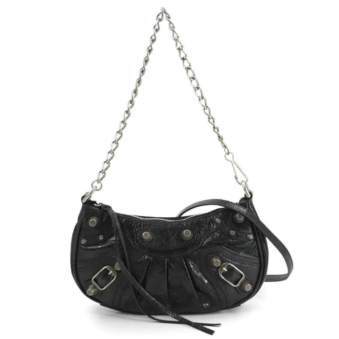 BALENCIAGA LE CAGOLE MINI CHAIN HAND SHOULDER BAG: BALENCIAGA Le Cagole Mini Chain Hand Shoulder Bag Brand: BALENCIAGA Type/Style: Hand Bag / Shoulder Bag Material: Leather Color: Black Size: W 8.07 inch, H 4.53 inch, D 1.57 inch Accessories: None