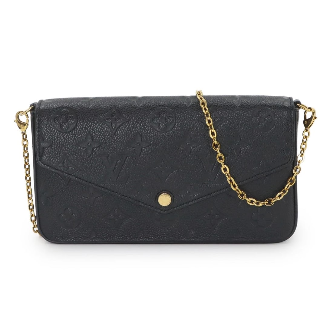 LOUIS VUITTON MONOGRAM EMPREINTE POCHETTE FELICE WALLET: LOUIS VUITTON Monogram Empreinte Pochette Felice Wallet Brand: LOUIS VUITTON Type/Style: Chain Wallet Material: Monogram Empreinte Leather Color: Noir Size: W 8.46 inch, H 4.92 inch, D 1.18 inch A