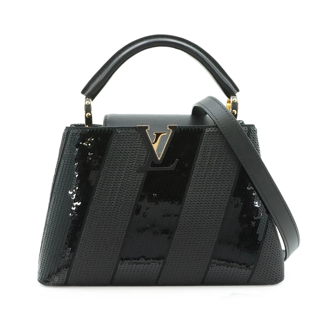 LOUIS VUITTON CAPUCINES BB HAND SHOULDER BAG: LOUIS VUITTON Capucines BB Hand Shoulder Bag Brand: LOUIS VUITTON Type/Style: Hand Bag / Shoulder Bag Material: Sequins , Leather Color: Black Size: W 10.63 inch, H 8.27 inch, D 3.54 inch
