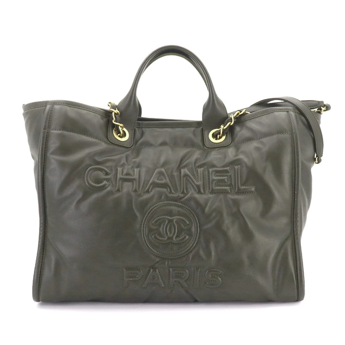 CHANEL DEAUVILLE GM TOTE CHAIN SHOULDER BAG LEATHER: CHANEL Deauville GM Tote Chain Shoulder Bag Leather Brand: CHANEL Type/Style: Tote Bag / Shoulder Bag Material: Leather Color: khaki Size: W 15.35 inch, H 11.81 inch, D 7.48 inch Accessories: None
