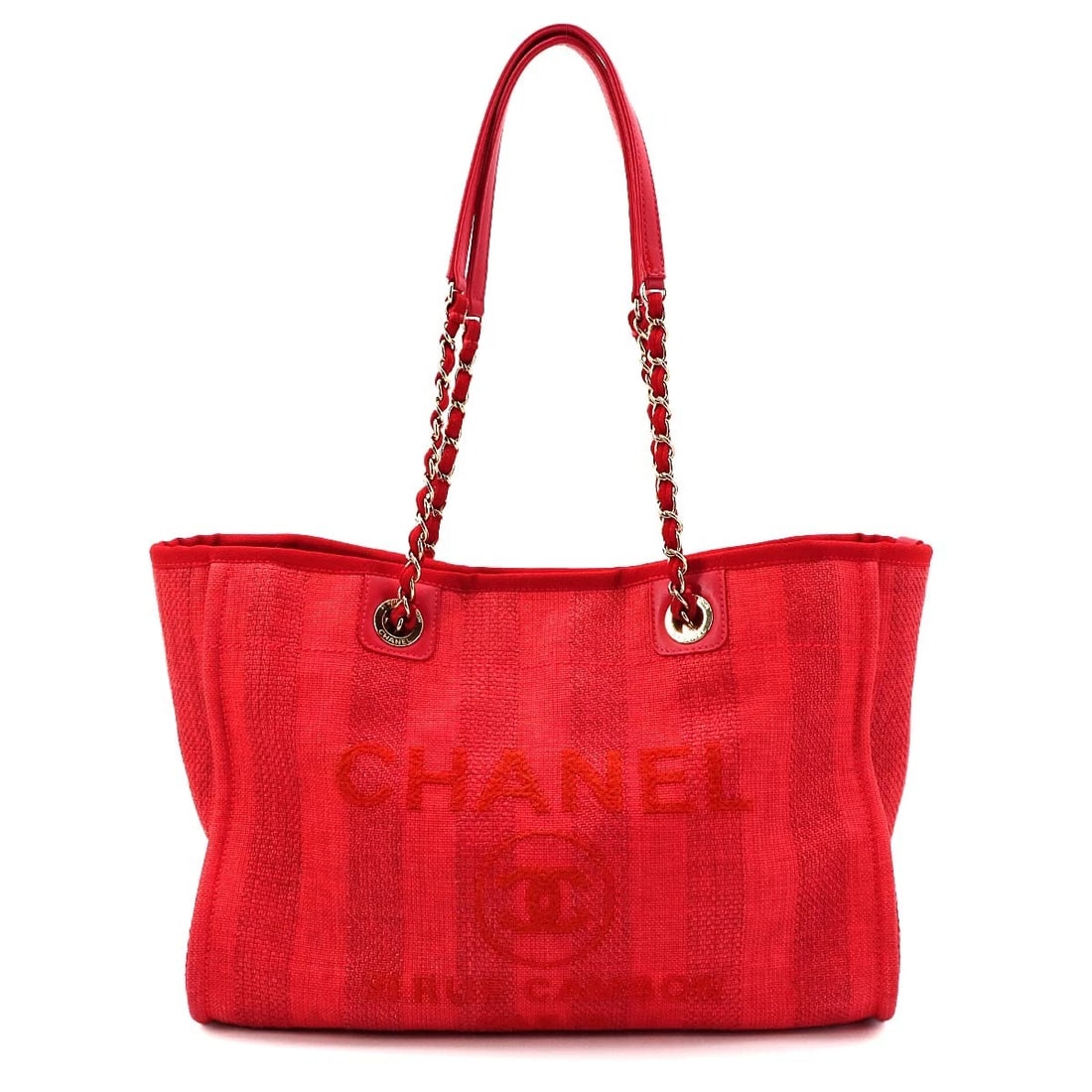CHANEL DEAUVILLE MM CHAIN TOTE BAG: CHANEL Deauville MM Chain Tote Bag Brand: CHANEL Type/Style: Tote Bag Material: Mixed fibers , Leather Color: Red Size: W 12.99 inch, H 9.84 inch, D 7.09 inch Accessories: None Accessories