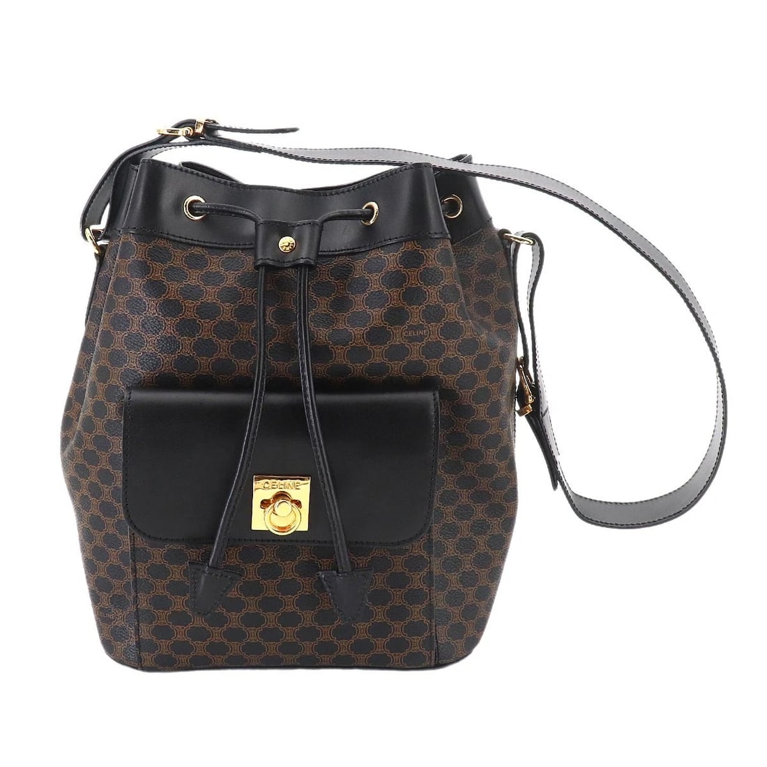 CELINE MACADAM SHOULDER BAG PVC LEATHER BLACK BROWN: CELINE Macadam Shoulder Bag PVC Leather Black Brown Brand: CELINE Type/Style: Shoulder Bag Material: PVC , Leather Color: Black , Brown Size: W 8.66 inch, H 11.42 inch, D 6.30 inch Accessories: No