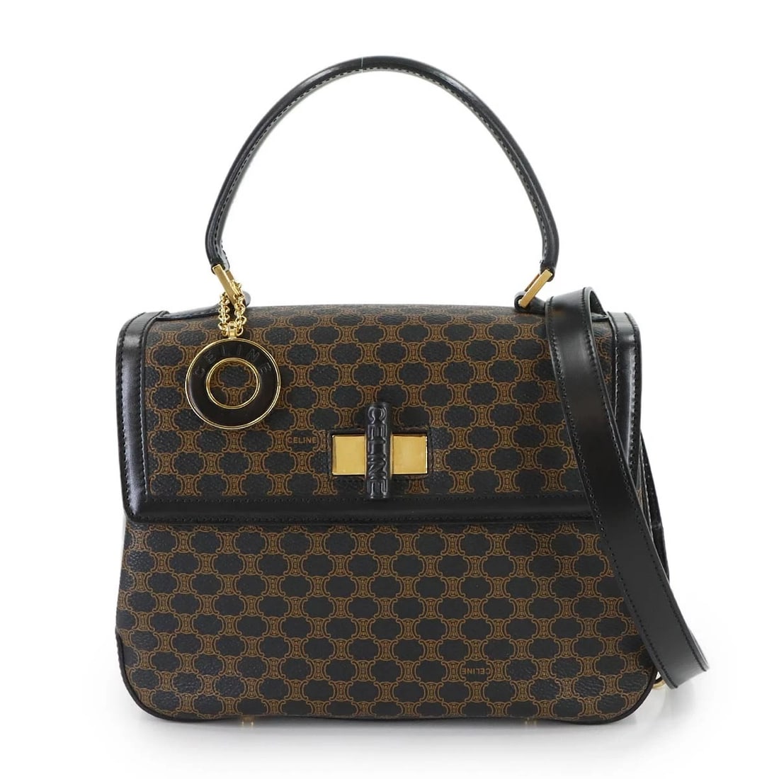 CELINE MACADAM HAND SHOULDER BAG PVC LEATHER BLAC: CELINE Macadam Hand Shoulder Bag PVC Leather Blac Brand: CELINE Type/Style: Hand Bag / Shoulder Bag Material: PVC , Leather Color: Black , Brown Size: W 9.45 inch, H 7.09 inch, D 3.15 inch Accesso