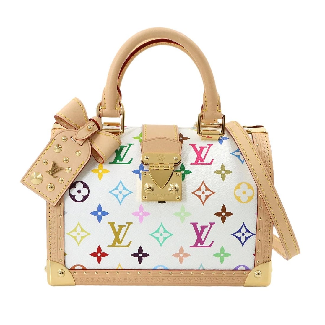 LOUIS VUITTON LV X TM MONOGRAM MULTICOLOR SPEEDY TRUNK: LOUIS VUITTON LV x TM Monogram Multicolor Speedy Trunk Brand: LOUIS VUITTON Type/Style: Hand Bag / Shoulder Bag Material: Monogram Multicolor Canvas Color: Blanc Size: W 8.27 inch, H 5.91 inch, D 5.12