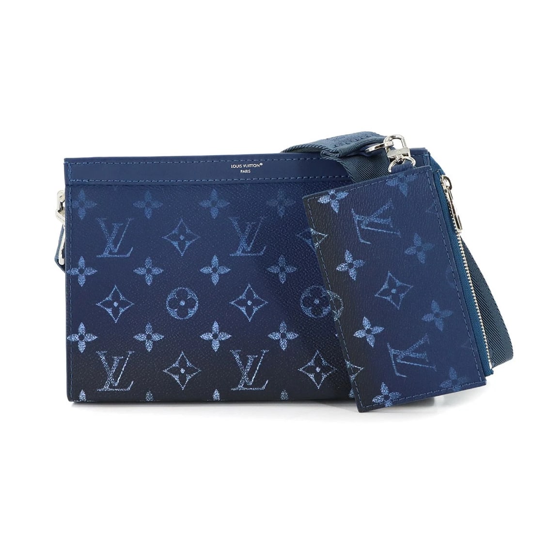 LOUIS VUITTON MONOGRAM GRADIENT GASTON WEARABLE WALLET: LOUIS VUITTON Monogram Gradient Gaston Wearable Wallet Brand: LOUIS VUITTON Type/Style: Shoulder Bag Material: Monogram Gradient Canvas Color: Navy , Blue Size: W 8.66 inch, H 5.71 inch, D 1.97 inch