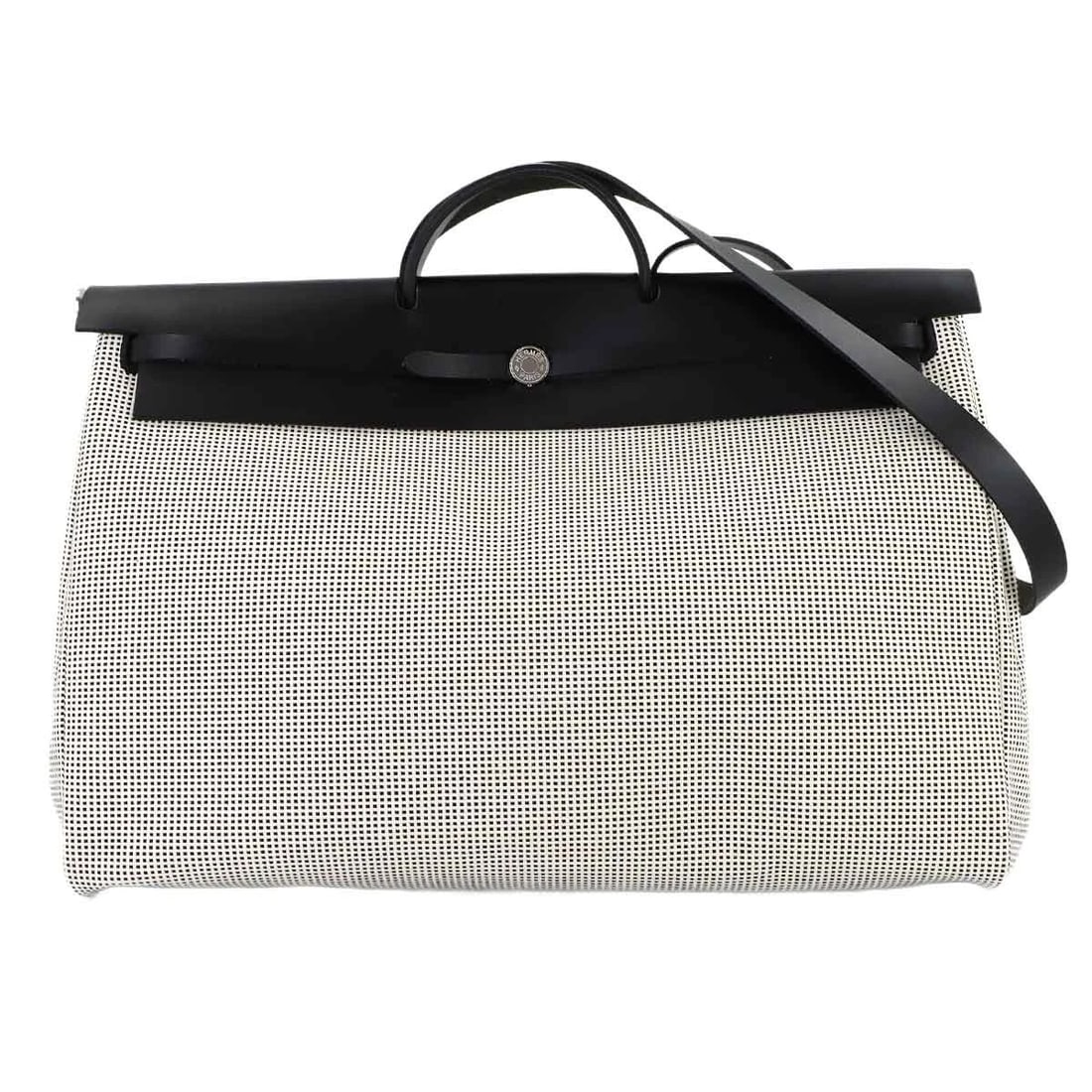 HERMES HER BAG ZIP RETOURNE CABIN HAND SHOULDER BAG: HERMES Her Bag Zip Retourne Cabin Hand Shoulder Bag Brand: HERMES Type/Style: Hand Bag / Shoulder Bag Material: Toile Criss Viking , Vash Hunter Color: Black , Ecru Size: W 19.69 inch, H 14.57 inch, D