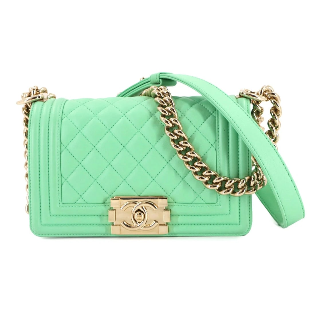 CHANEL BOY CHANEL SMALL CHAIN SHOULDER BAG: CHANEL BOY CHANEL Small Chain Shoulder Bag Brand: CHANEL Type/Style: Shoulder Bag Material: Leather Color: Light green Size: W 7.87 inch, H 4.72 inch, D 2.56 inch Accessories: None Accesso