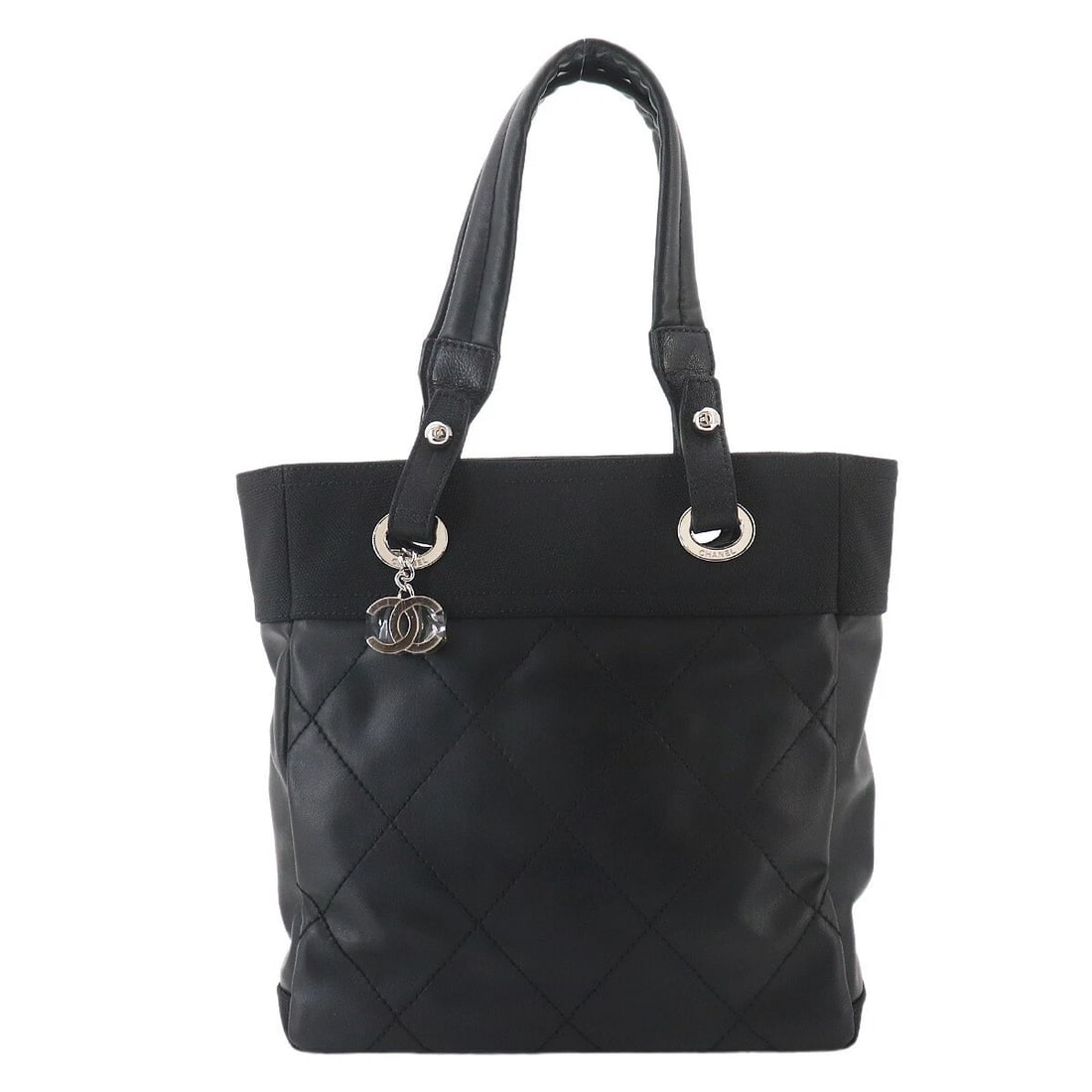 CHANEL PARIS PM TOTE BAG PVC NYLON LEATHER BLACK: CHANEL Paris PM Tote Bag PVC Nylon Leather Black Brand: CHANEL Type/Style: Tote Bag Material: PVC , Nylon , Leather Color: Black Size: W 10.24 inch, H 10.63 inch, D 4.33 inch Accessories: None
