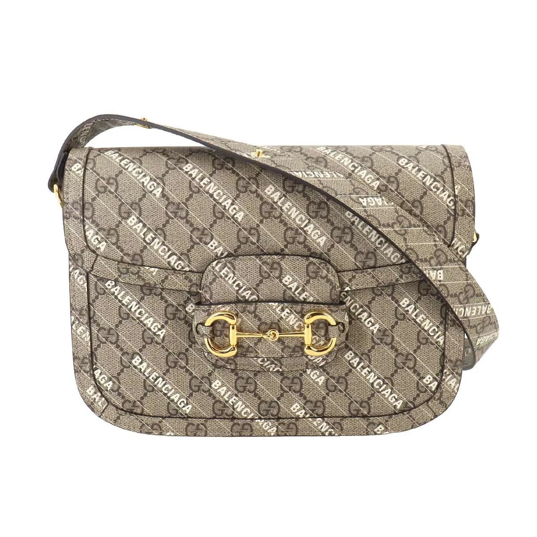 GUCCI BALENCIAGA HORSEBIT SHOULDER BAG GG SUPREME: GUCCI BALENCIAGA Horsebit Shoulder Bag GG Supreme Brand: GUCCI Type/Style: Shoulder Bag Material: GG Supreme Canvas Color: Beige , White , Brown Size: W 9.84 inch, H 7.09 inch, D 2.76 inch Accesso
