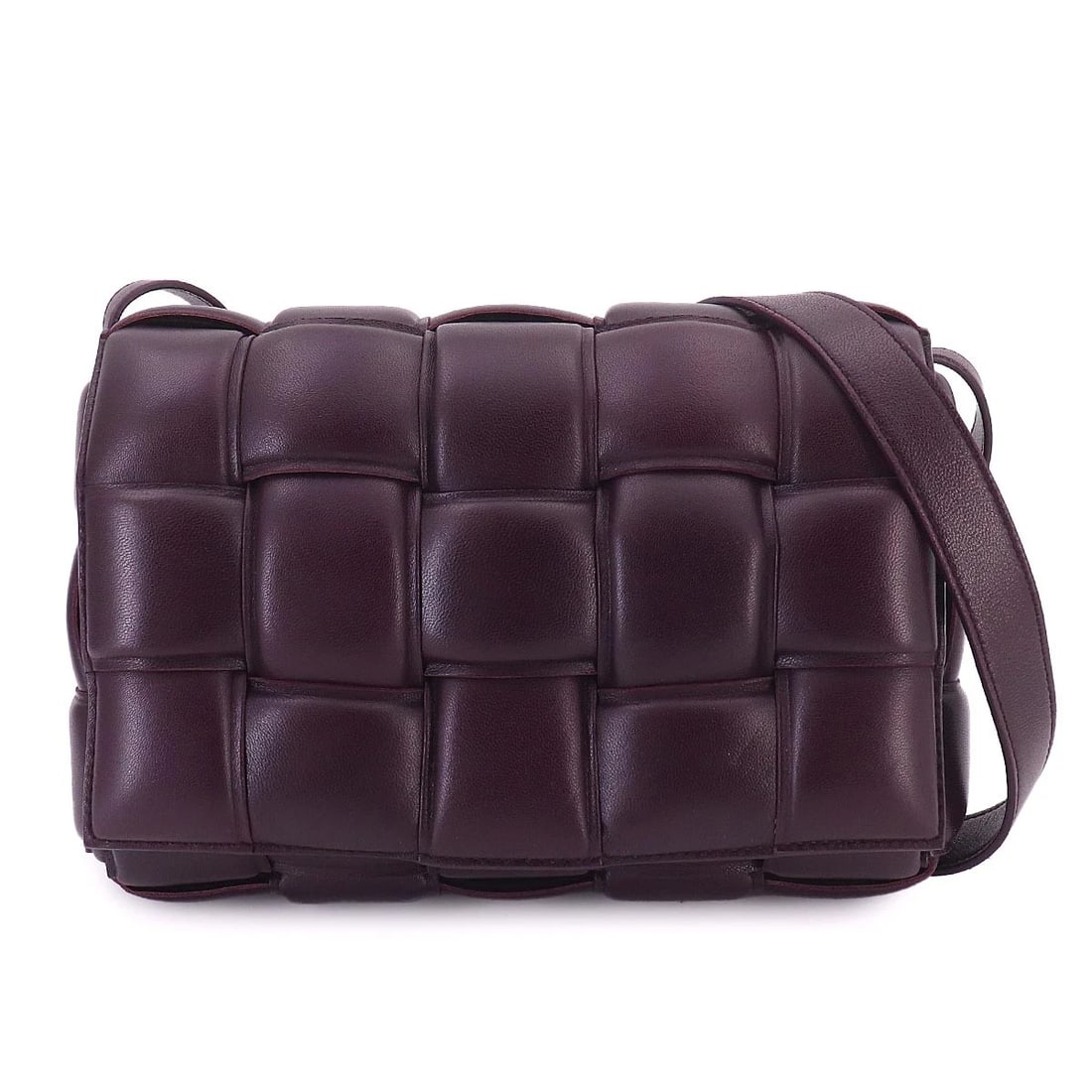 BOTTEGA VENETA PADDED CASSETTE SHOULDER BAG: BOTTEGA VENETA Padded Cassette Shoulder Bag Brand: BOTTEGA VENETA Type/Style: Shoulder Bag Material: Leather Color: Purple Size: W 9.84 inch, H 6.69 inch, D 2.56 inch Accessories: None Acc