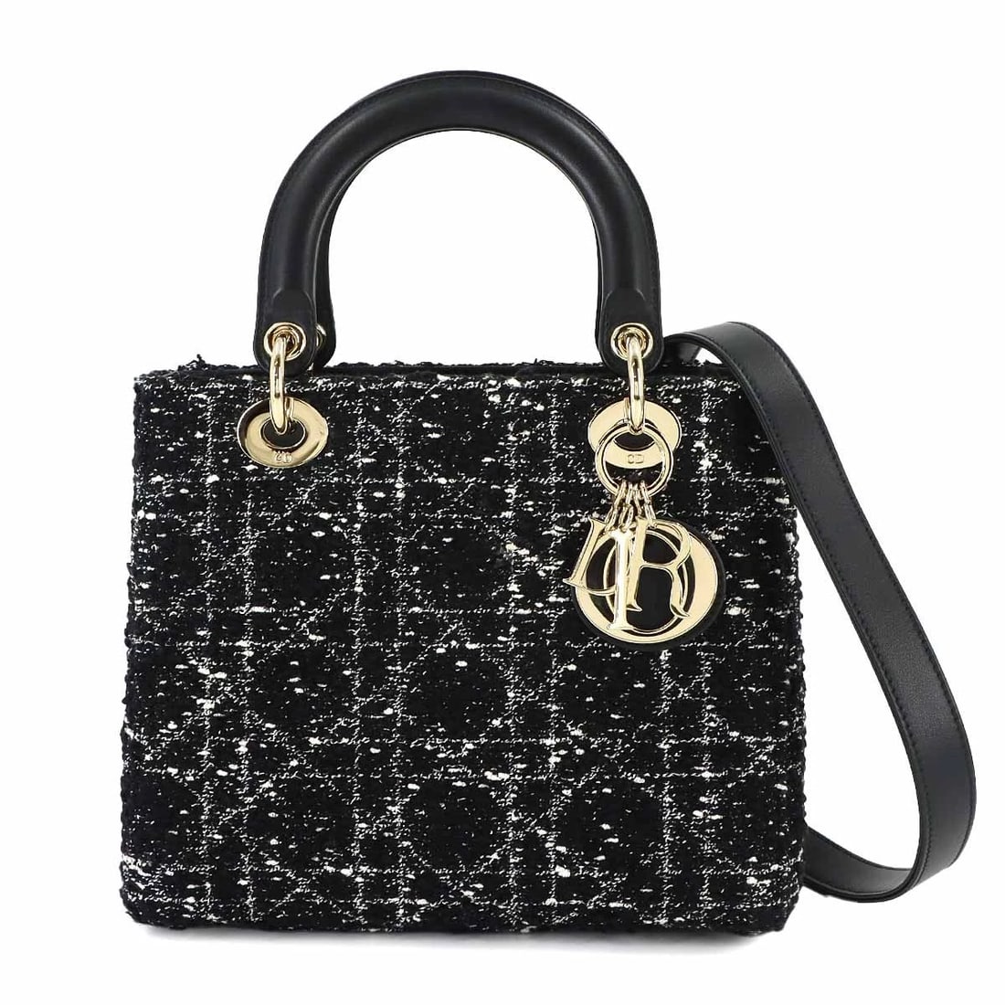 CHIRISTIAN DIOR LADY D-LITE MEDIUM HAND SHOULDER BAG: Chiristian Dior Lady D-Lite Medium Hand Shoulder Bag Brand: Christian Dior Type/Style: Hand Bag / Shoulder Bag Material: Tweed Color: Black Size: W 9.65 inch, H 8.27 inch, D 4.72 inch Accessories: