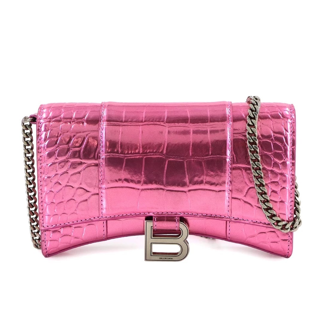 BALENCIAGA HOURGLASS CHAIN LONG WALLET METALLIC PINK: BALENCIAGA Hourglass Chain Long Wallet Metallic pink Brand: BALENCIAGA Type/Style: Chain Wallet Material: Leather Color: Metallic pink Size: W 7.68 inch, H 4.72 inch, D 1.77 inch Accessories: None