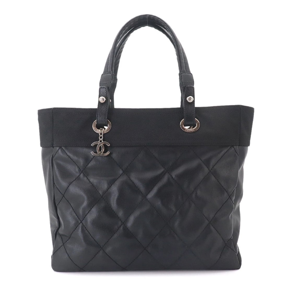 CHANEL PARIS BIARRITZ MM TOTE BAG PVC NYLON LEATHER: CHANEL Paris Biarritz MM Tote Bag PVC Nylon Leather Brand: CHANEL Type/Style: Tote Bag Material: PVC , Nylon , Leather Color: Black Size: W 13.78 inch, H 11.61 inch, D 5.51 inch Accessories: None