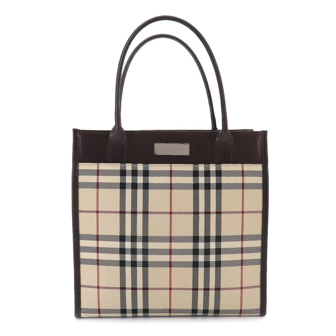 BURBERRY PLAID HAND BAG PVC LEATHER BEIGE DARK BROWN: BURBERRY Plaid Hand Bag PVC Leather Beige Dark Brown Brand: BURBERRY Type/Style: Hand Bag Material: PVC , Leather Color: Beige , Dark Brown Size: W 8.86 inch, H 8.66 inch, D 4.33 inch Accessories: