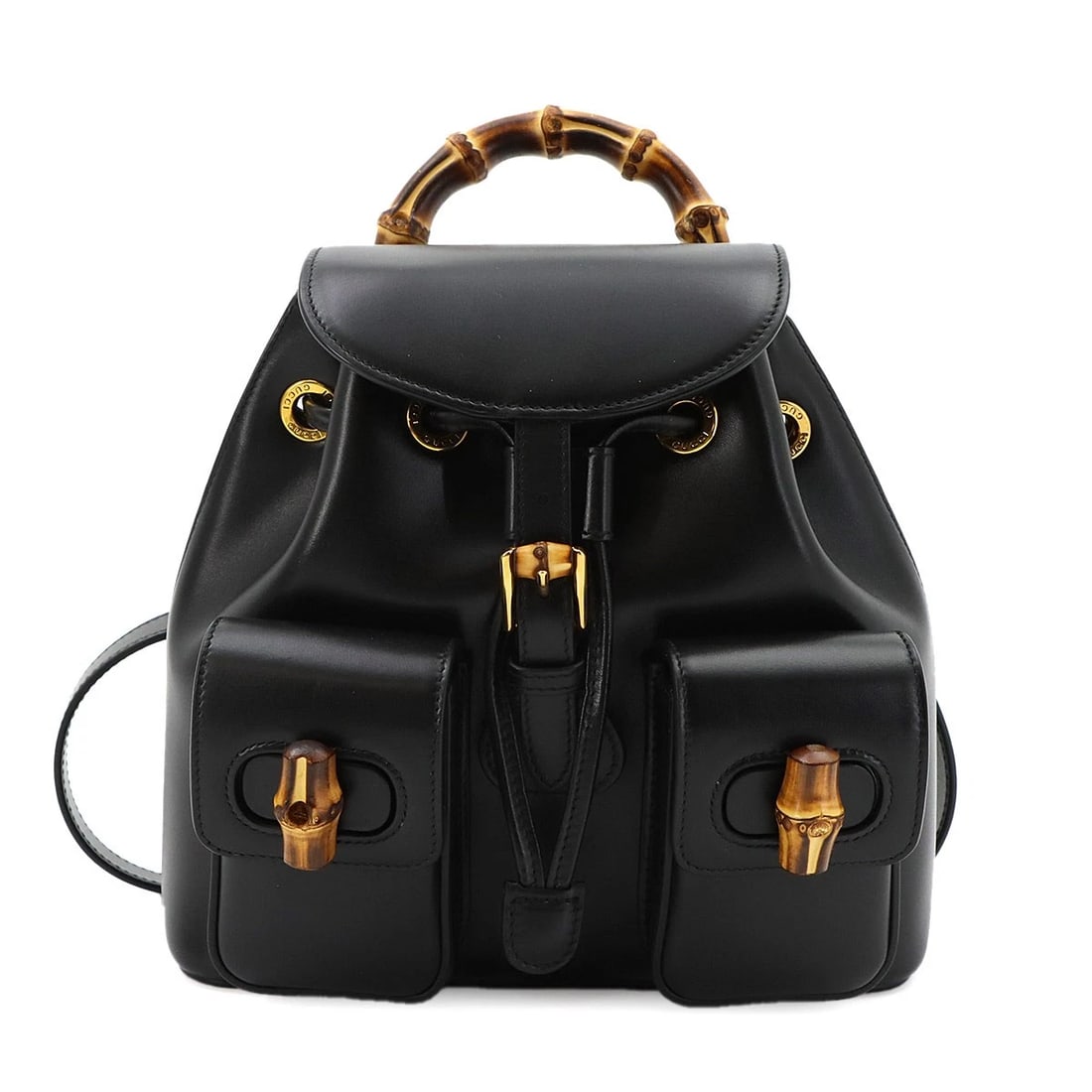 GUCCI BAMBOO BACKPACK LEATHER BLACK PURSE: GUCCI Bamboo Backpack Leather Black Purse Brand: GUCCI Type/Style: Backpack Material: Leather Color: Black Size: W 8.66 inch, H 8.66 inch, D 2.76 inch Accessories: None Accessories Notice: