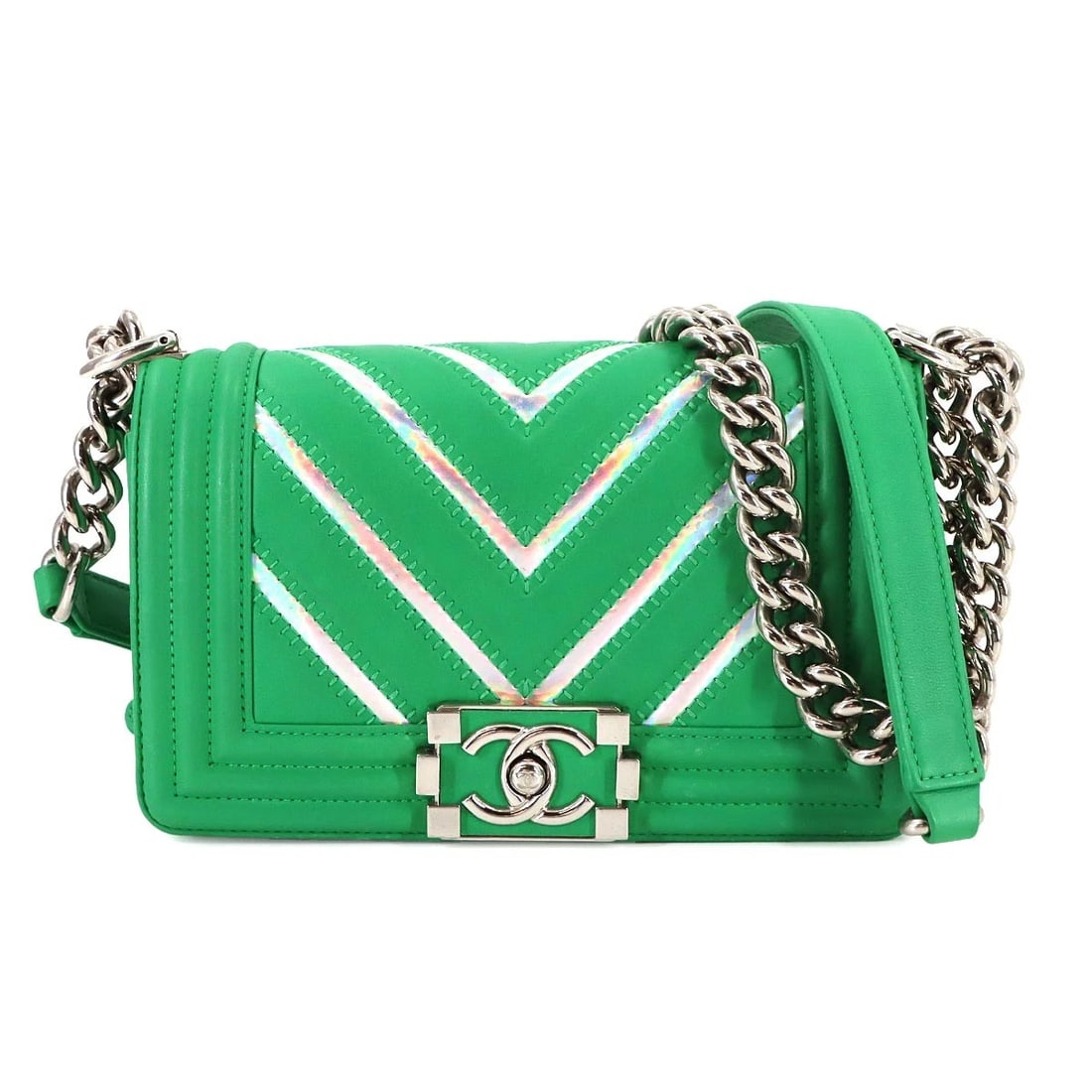 CHANEL BOY CHANEL SMALL CHAIN SHOULDER BAG: CHANEL BOY CHANEL Small Chain Shoulder Bag Brand: CHANEL Type/Style: Shoulder Bag Material: Leather Color: Green Size: W 7.87 inch, H 4.72 inch, D 2.56 inch Accessories: None Accessories Notice: When
