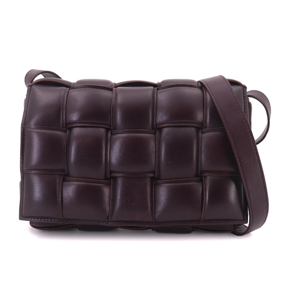 BOTTEGA VENETA INTRECCIATO PADDED CASSETTE SHOULDER BAG: BOTTEGA VENETA Intrecciato Padded Cassette Shoulder Bag Brand: BOTTEGA VENETA Type/Style: Shoulder Bag Material: Leather Color: Purple Size: W 9.84 inch, H 6.69 inch, D 2.56 inch Accessories: None