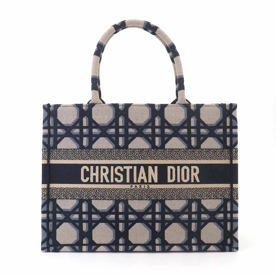 CHRISTIAN DIOR MACROCANNAGE BOOK TOTE MEDIUM BAG: Christian Dior Macrocannage Book Tote Medium Bag Brand: Christian Dior Type/Style: Tote Bag Material: Canvas Color: Navy , Beige Size: W 14.17 inch, H 10.83 inch, D 6.30 inch Accessories: None