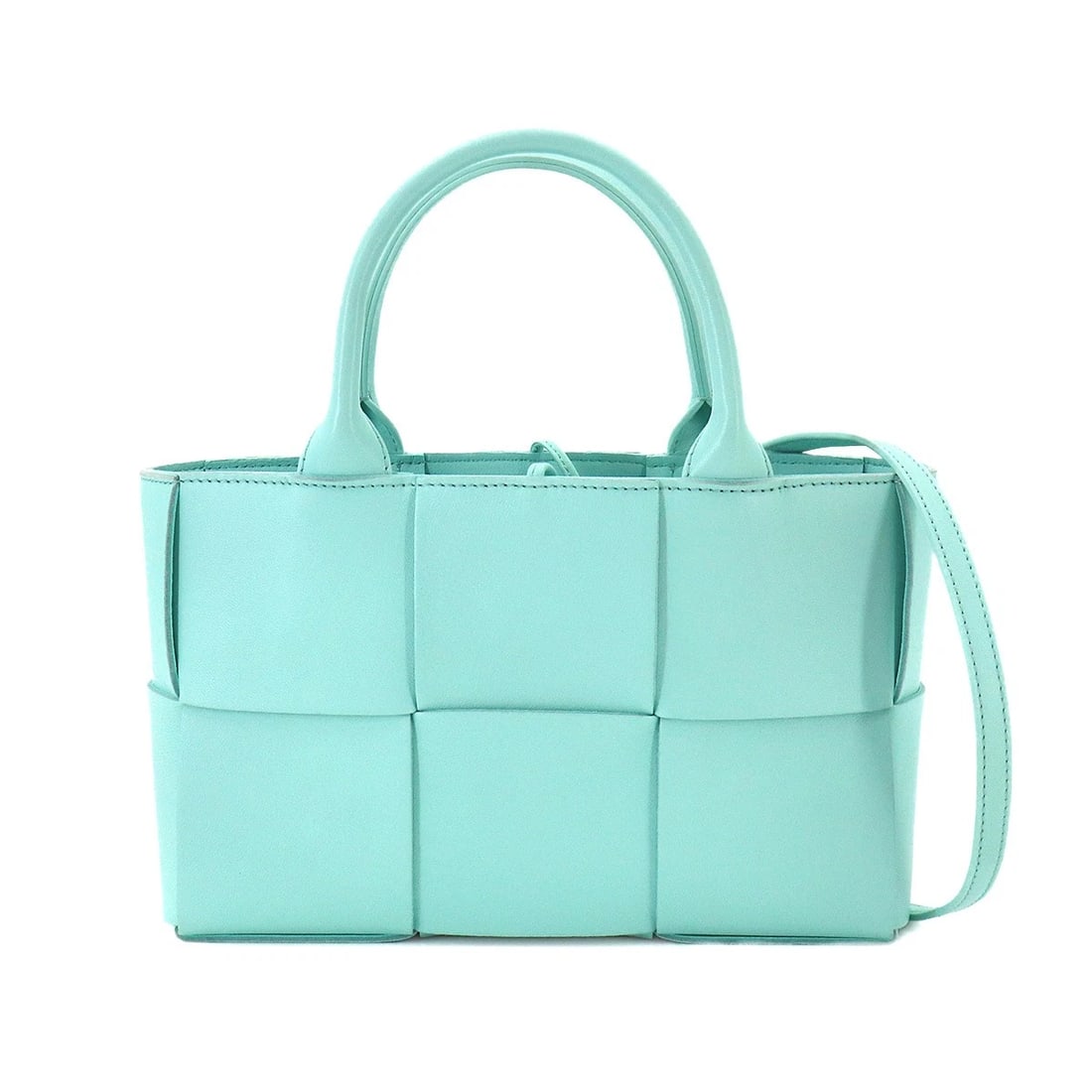 BOTTEGA VENETA INTRECCIATO MINI ARCO HAND SHOULDER BAG: BOTTEGA VENETA Intrecciato Mini Arco Hand Shoulder Bag Brand: BOTTEGA VENETA Type/Style: Hand Bag / Shoulder Bag Material: Leather Color: Light Blue Size: W 9.84 inch, H 6.30 inch, D 3.35 inch Acc