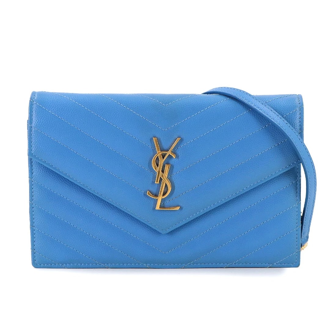 SAINT LAURENT CASSANDRE ENVELOPE CHAIN WALLET LEATHER: SAINT LAURENT Cassandre Envelope Chain Wallet Leather Brand: SAINT LAURENT Type/Style: Chain Wallet Material: Leather Color: Blue Size: W 7.48 inch, H 4.92 inch, D 1.38 inch Accessories: None