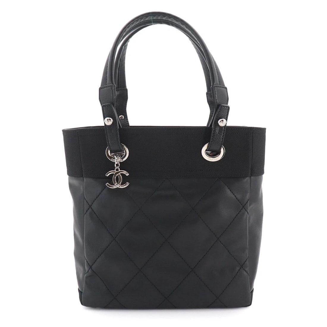 CHANEL PARIS BIARRITZ PM TOTE BAG PVC NYLON LEATHER: CHANEL Paris Biarritz PM Tote Bag PVC Nylon Leather Brand: CHANEL Type/Style: Tote Bag Material: PVC , Nylon , Leather Color: Black Size: W 9.84 inch, H 10.63 inch, D 4.33 inch Accessories: None <