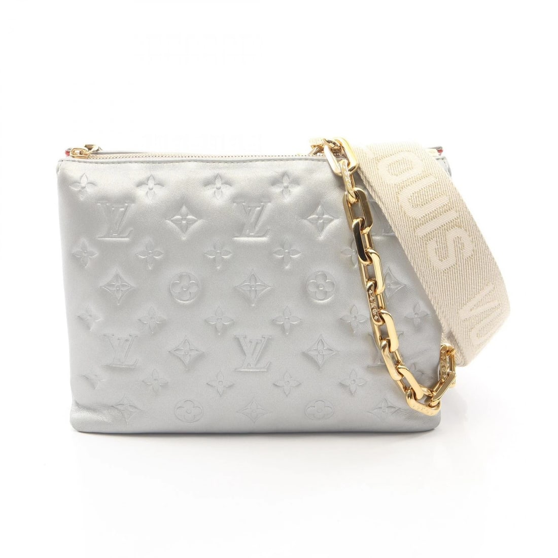 LOUIS VUITTON COUSSIN PM CHAIN SHOULDER HANDBAG: LOUIS VUITTON Coussin PM Chain Shoulder Handbag Brand: LOUIS VUITTON Type/Style: Shoulder Bag Material: Monogram ? leather Color: Silver / Silver?ish colors Size: (H:7.9inch x W:10.6inch x D:0.0inch) 