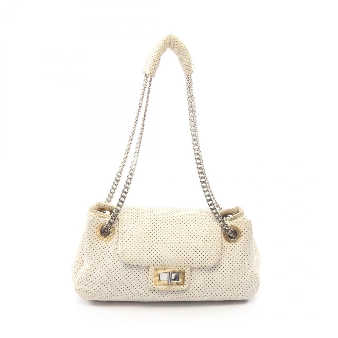 CHANEL PUNCHING CHAIN SHOULDER BAG LEATHER WHITE: CHANEL Punching Chain Shoulder Bag Leather White Brand: CHANEL Type/Style: Shoulder Bag Material: leather Color: White?ish colors Size: (H:5.5inch x W:11.4inch x D:4.7inch) Accessories: None <