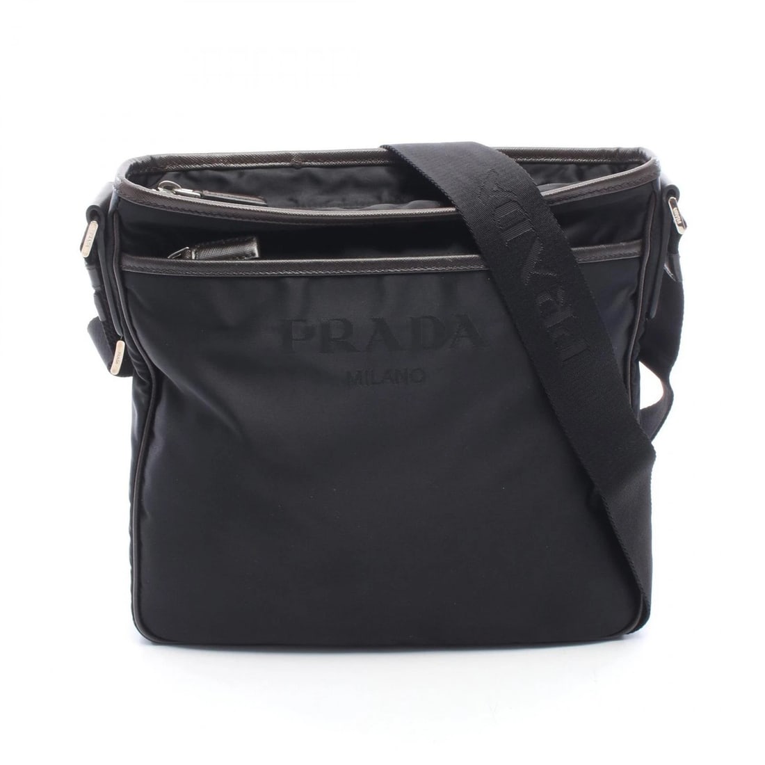 PRADA TRIANGLE LOGO SHOULDER CROSSBODY BAG NYLON LEATHER: PRADA Triangle logo Shoulder crossbody Bag Nylon leather Brand: PRADA Type/Style: Shoulder Bag Material: Nylon ? leather Color: Black?ish colors Size: (H:10.2inch x W:10.6inch x D:2.4inch) Accesso