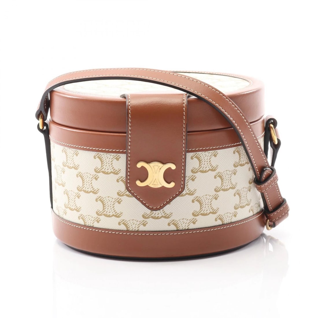CELINE TAMBOUR MEDIUM TRIOMPHE SHOULDER BAG: CELINE Tambour Medium Triomphe Shoulder Bag Brand: CELINE Type/Style: Shoulder Bag Material: PVC coated canvas ? leather Color: White?ish colors ? Brown?ish colors Size: (H:4.7inch x W:6.9inch x D:6.9