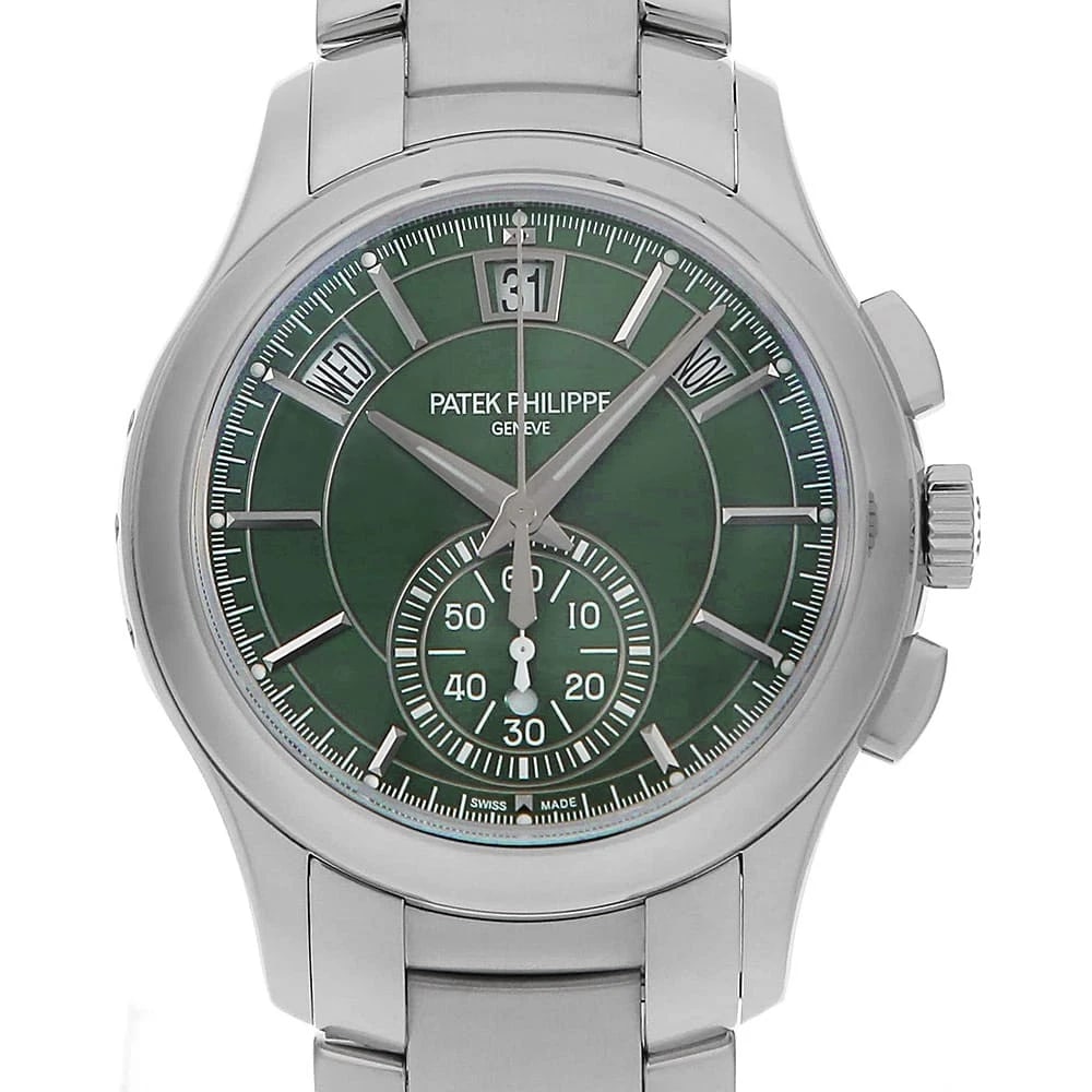 PATEK PHILIPPE CHRONOGRAPH STAINLESS STEEL WATCH: PATEK PHILIPPE Chronograph Stainless Steel Watch Brand: PATEK PHILIPPE Type/Style: Wrist watch Material: Band Material Stainless Steel, Case Material Stainless Steel Color: Dial Color Green Size: