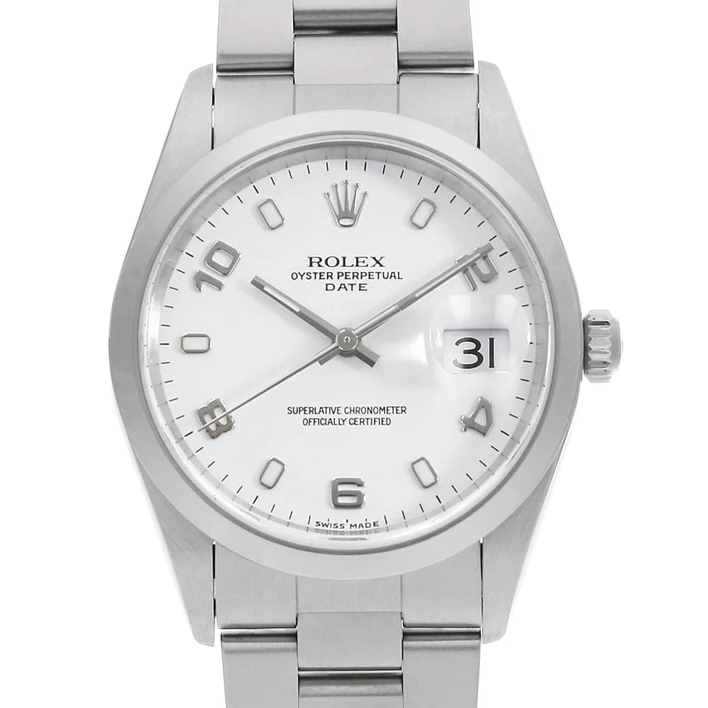 ROLEX OYSTER PERPETUAL DATE WHITE FLYING WATCH: ROLEx Oyster Perpetual Date white flying Watch Brand: ROLEx Type/Style: Wrist watch Material: Band Material Stainless Steel, Case Material Stainless Steel Color: Dial Color White Size: Case:W34mm