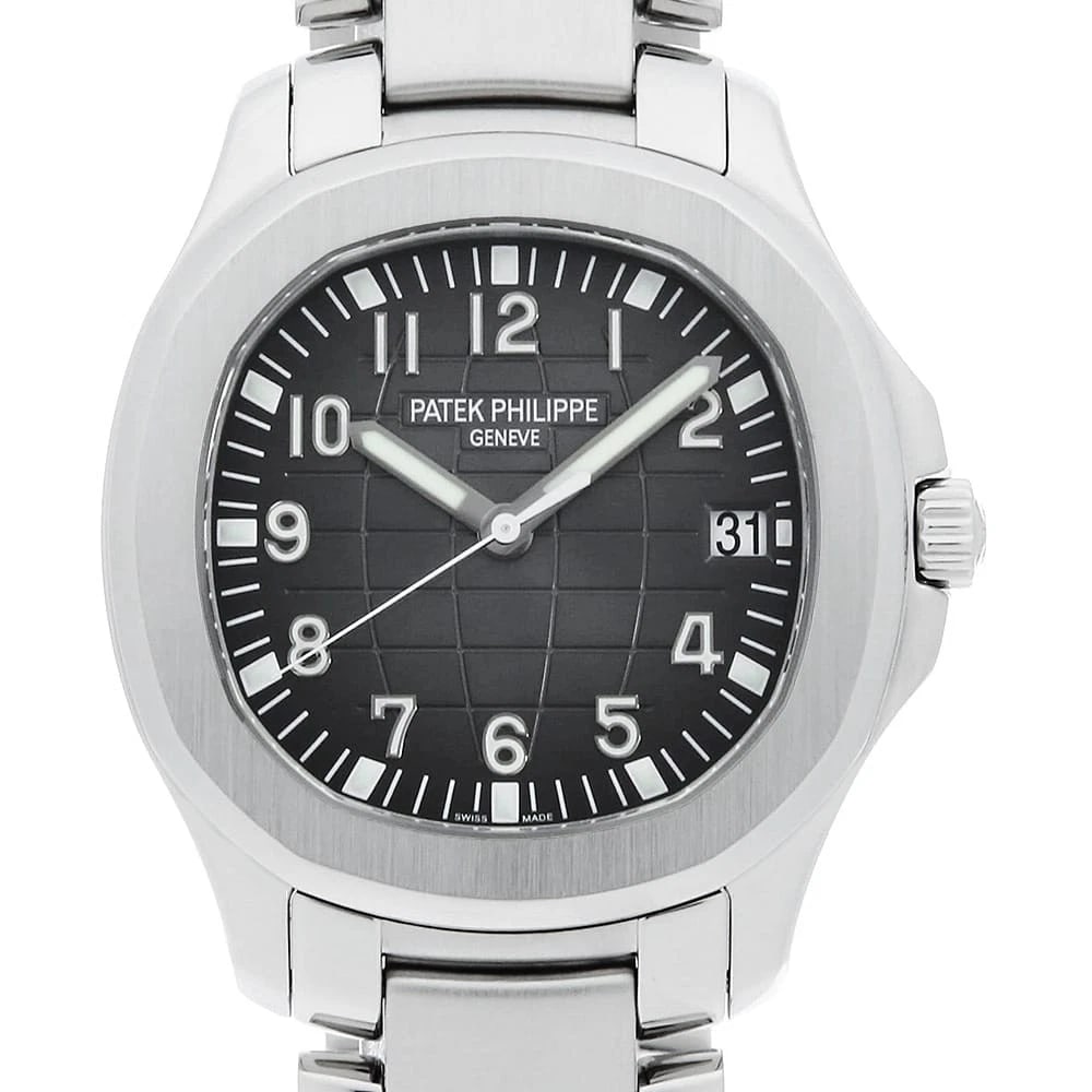 PATEK PHILIPPE AQUANAUT STAINLESS STEEL WATCH: PATEK PHILIPPE Aquanaut Stainless Steel Watch Brand: PATEK PHILIPPE Type/Style: Wrist watch Material: Band Material Stainless Steel, Case Material Stainless Steel Color: Dial Color Black Size: