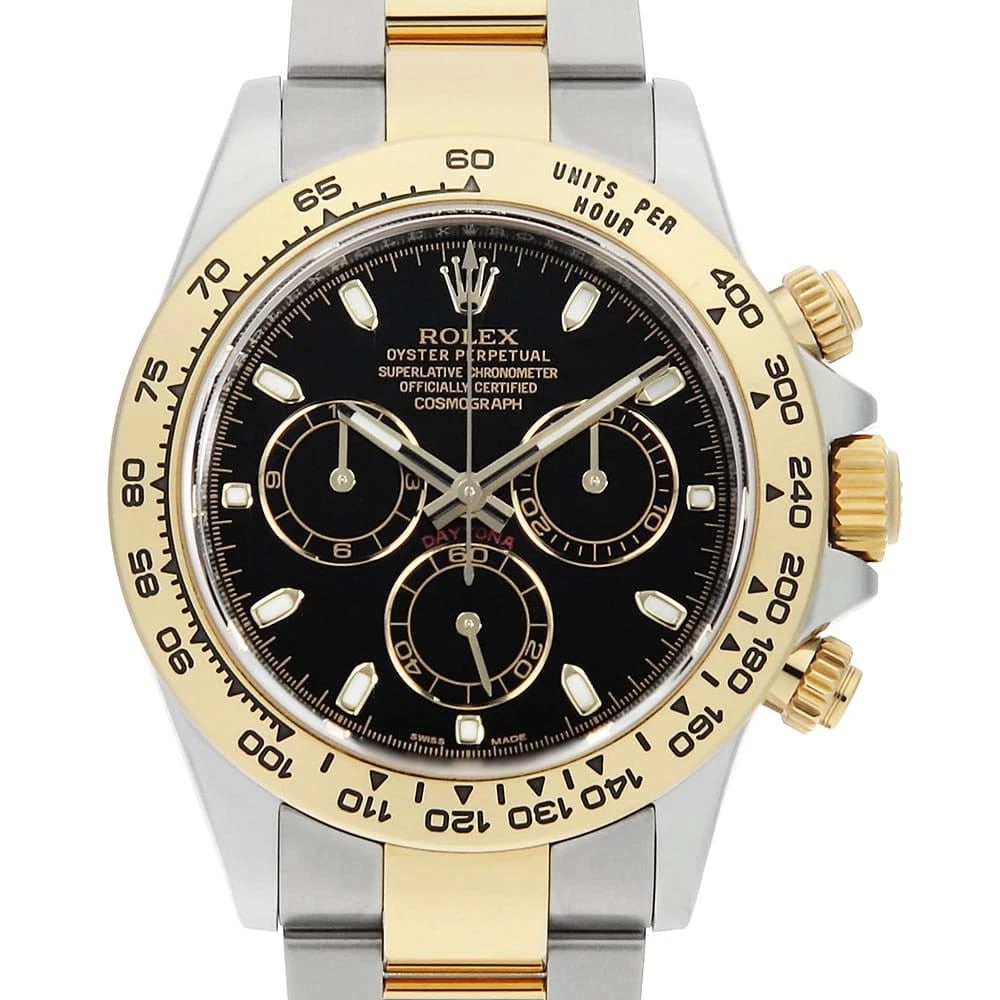 ROLEX COSMOGRAPH DAYTONA BLACK WATCH: ROLEx Cosmograph Daytona black Watch Brand: ROLEx Type/Style: Wrist watch Material: Band Material Stainless Steel/Yellow Gold, Case Material Stainless Steel/Yellow Gold Color: Dial Color Black Size: C