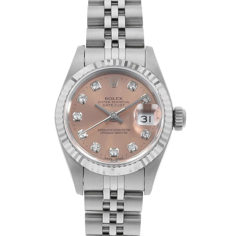 ROLEX DATEJUST DIAMOND PINK WATCH: ROLEx Datejust Diamond pink Watch Brand: ROLEx Type/Style: Wrist watch Material: Band Material Stainless Steel, Case Material Stainless Steel/White gold Color: Dial Color Pink Size: Case:W26mm Circumf