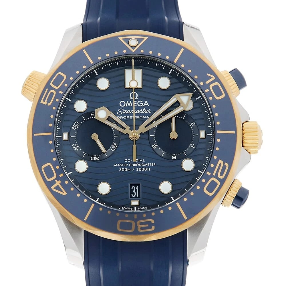 OMEGA SEAMASTER DIVER CO-AXIAL CHRONOMETER WATCH: OMEGA Seamaster Diver Co-Axial Chronometer Watch Brand: OMEGA Type/Style: Wrist watch Material: Band Material rubber, Case Material Stainless Steel/Yellow Gold Color: Dial Color Blue Size: Case:W44mm 