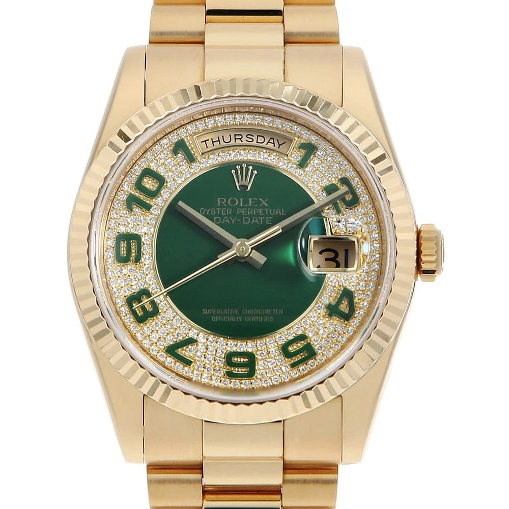 ROLEX DATE DIAMONDS GREEN WATCH: ROLEx Date Diamonds green Watch Brand: ROLEx Type/Style: Wrist watch Material: Band Material Yellow Gold, Case Material Yellow Gold Color: Dial Color Green Size: Case:W36mm Circumference of Wrist:18cm