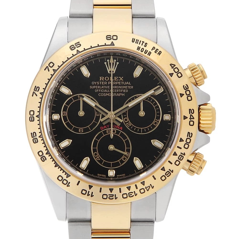 ROLEX COSMOGRAPH DAYTONA BLACK WATCH: ROLEx Cosmograph Daytona black Watch Brand: ROLEx Type/Style: Wrist watch Material: Band Material Stainless Steel/Yellow Gold, Case Material Stainless Steel/Yellow Gold Color: Dial Color Black Size: C
