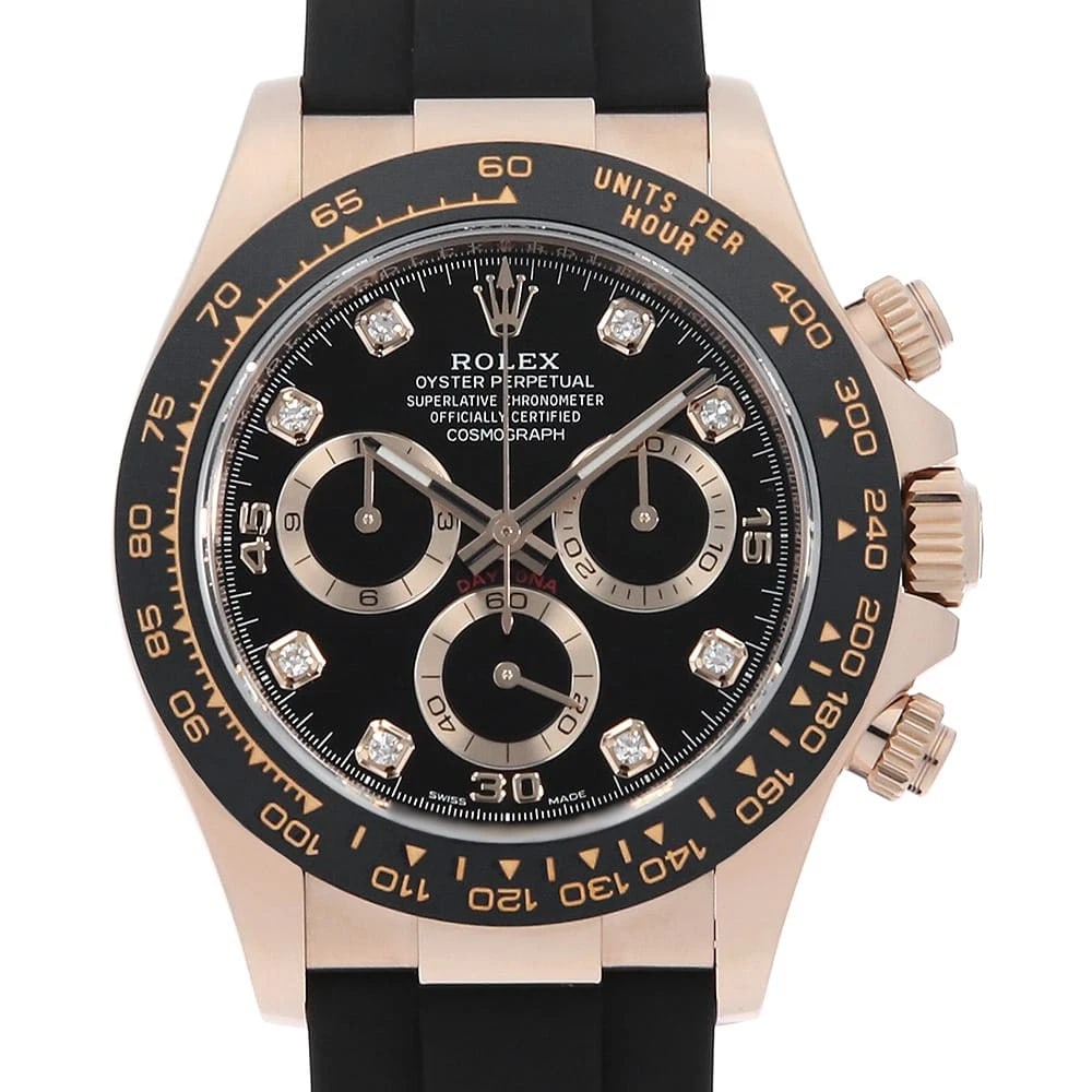 ROLEX COSMOGRAPH DAYTONA DIAMOND BLACK WATCH: ROLEx Cosmograph Daytona diamond black Watch Brand: ROLEx Type/Style: Wrist watch Material: Band Material rubber, Case Material Everose Gold Color: Dial Color Black Size: Case:WCircumference of Wrist: