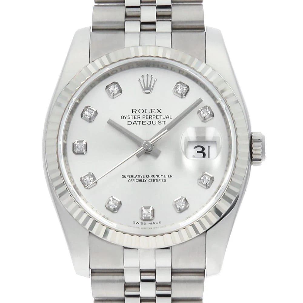 ROLEX DATEJUST DIAMOND SILVER WATCH: ROLEx Datejust Diamond Silver Watch Brand: ROLEx Type/Style: Wrist watch Material: Band Material Stainless Steel, Case Material Stainless Steel/White gold Color: Dial Color Silver Size: Case:W36mm Cir