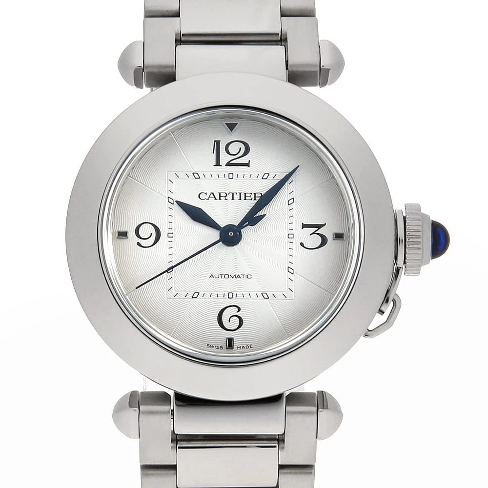 CARTIER PASHA STAINLESS STEEL WATCH: Cartier Pasha Stainless Steel Watch Brand: Cartier Type/Style: Wrist watch Material: Band Material Stainless Steel, Case Material Stainless Steel Color: Dial Color Silver Size: Case:W35mm